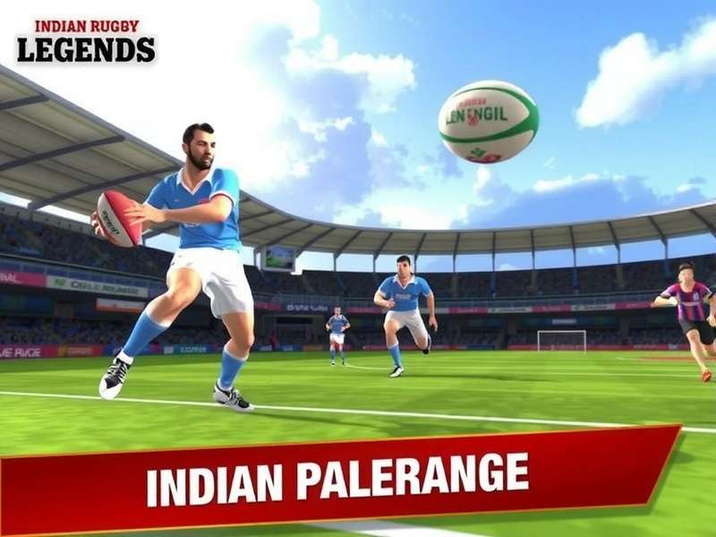 Indian Rugby Legends: The Game Match Screenshot Screenshot of Indian Rugby Legends: The Game showing a rugby match in progress at Jawaharlal Nehru Stadium